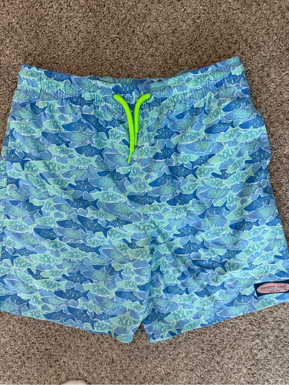 Vineyard Vines BOYS Blue & Aqua Fish Print Swim Trunks
